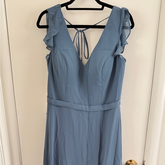 AZAZIE CLAUDINE
Twilight Blue A-Line Flutter Sleeve full length bridesmaid Dress - Picture 3 of 7